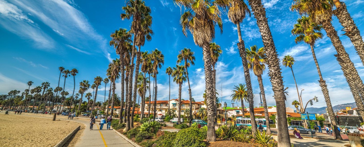 Cabrillo Bike Path lined with palm trees Santa Barbara, CA