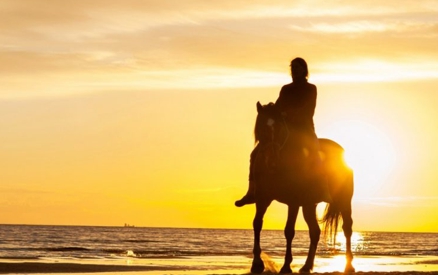 Man horseback riding along the beach at sunset