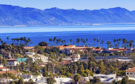view of Santa Barbara's skyline showing local architecture with ocean off in the distance